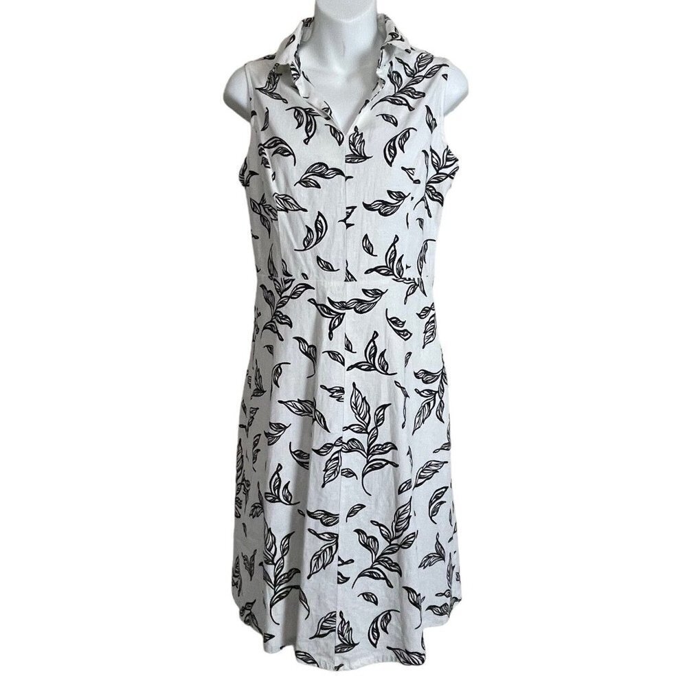 T Tahari Fit Flare White‎ Black Leaves Sleeves Dress Size 4